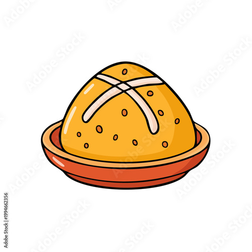 Traditional Hot Cross Bun with Sweet Icing in a Clay Dish