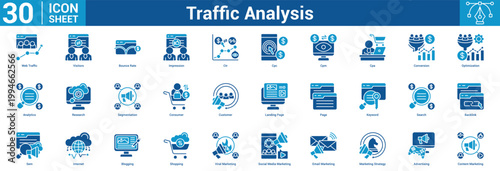Traffic Analysis editable icon set vector illustration concept for business with icon of Web Traffic, Visitors, Bounce Rate, Impression, Ctr, Cpc, Cpm, Cpa, Conversion, Optimization, Analytics.