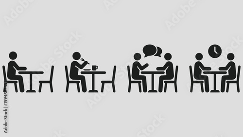 Business work and meeting vector icon showing people sitting at a table, working on laptop, chatting online, drinking coffee and discussing tasks. Clean human workplace and communication concept.