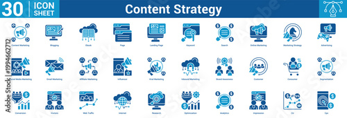Content Strategy editable icon set vector illustration concept for business with icon of Content Marketing, Blogging, Ebook, Page, Landing Page, Keyword, Search, Online Marketing, Marketing Strategy.