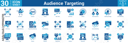 Audience Targeting editable icon set vector illustration concept for business with icon of Segmentation, Consumer, Customer, Visitors, Web Traffic, Conversion, Lifetime, Brand Awareness, Marketin.