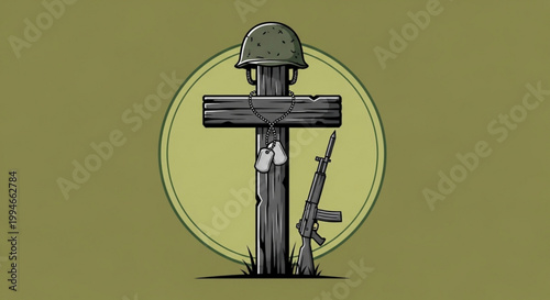 Memorial cross with helmet and rifle for fallen soldier in military tribute