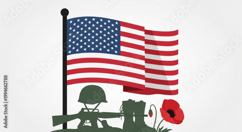 American flag waving with military helmet gun and poppy flowers on white background symbolizing patriotism and remembrance