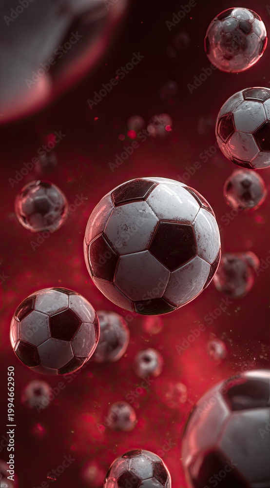 Fototapeta premium Soccer balls float against a deep red background