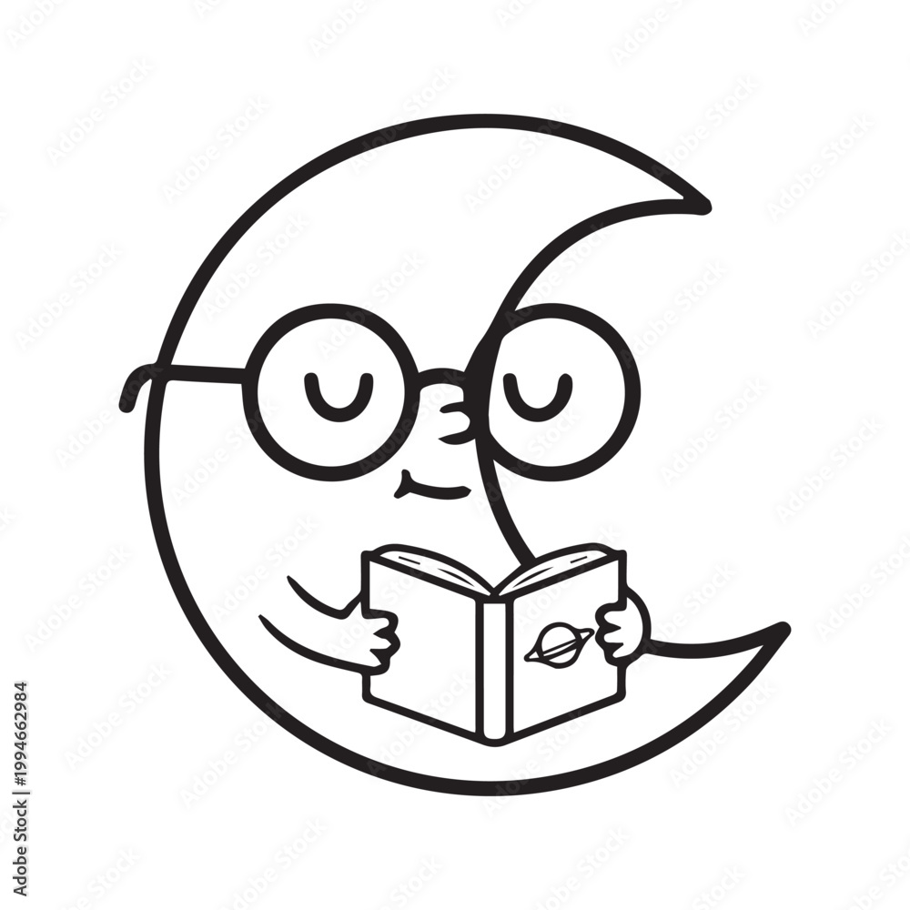 Fototapeta premium Cute outline illustration of a crescent moon character wearing glasses reading a book 