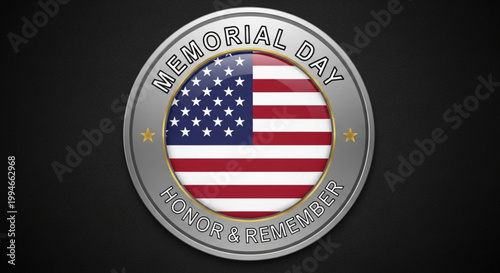 Memorial day badge with american flag and honor remember text on black background