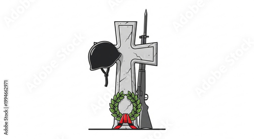 War memorial with cross helmet rifle and laurel wreath on red stand symbolizing remembrance and sacrifice