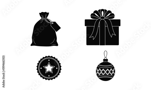 Christmas gift box and sack vector illustration silhouette set for holiday surprise party.