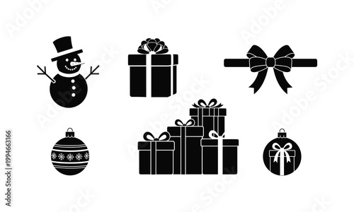 Christmas holiday decorative elements silhouette vector illustration set.