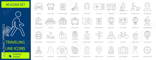 Traveling line icons set, 40 travel and tourism vector symbols, editable stroke thin line icons for vacation and transport, minimalist trip planning graphics