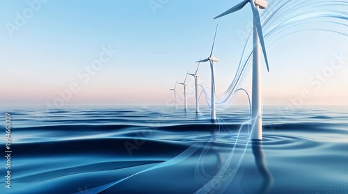 This image is the starting state, showcasing a tranquil scene of wind turbines standing tall in a calm ocean against a soft blue background. Gradually, gentle waves begin to ripple across the water, c