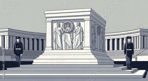 Monument with guards at historical building steps with statues and columns in background