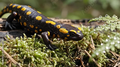 Salamander on mossy log.