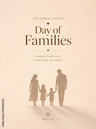 Day of families: silhouettes of family walking in sunset glow, unified together