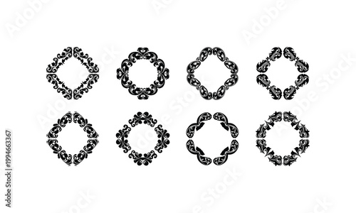 Vintage ornamental frames vector set with elegant floral scroll elements and silhouette art.