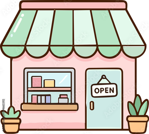 Charming cartoon illustration of a small, quaint shopfront with an open sign, displaying products inside