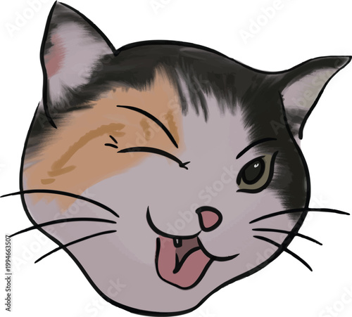 Charming illustration of a playful calico cat with a mischievous wink and a funny tongue sticking out, depicting a humorous and cute feline expression
