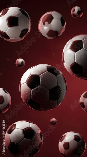 Soccer balls floating against a dark red backdrop