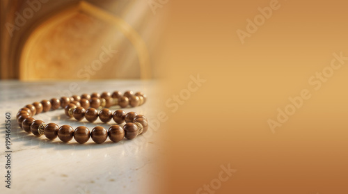 wooden prayer beads on white marble with copy space