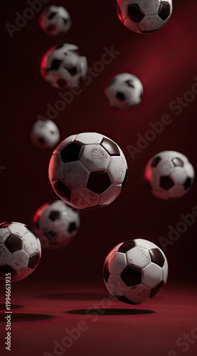 Soccer balls suspended in air, lit with a red glow