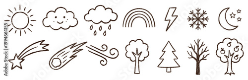 Hand Drawn Weather and Seasons Doodle Icon Set in Crayon Outline Style