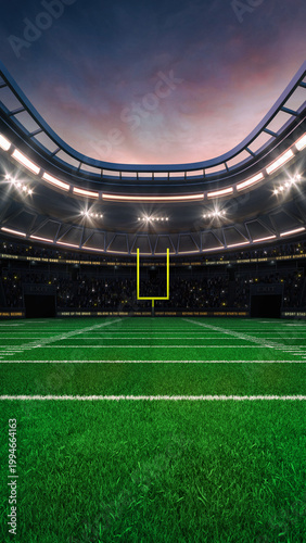 American football field at a sports stadium with glowing spotlights and fans ready for the upcoming grand sporting event. Professional sports vertical background for advertisement.