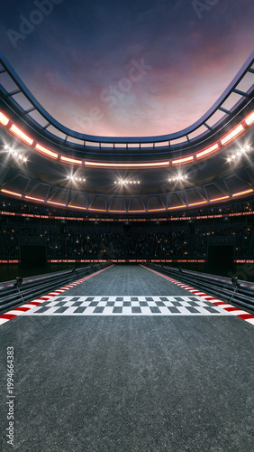 Finish line at a sports racing circuit with glowing spotlights and fans ready for the upcoming grand sporting event. Professional sports vertical background for advertisement.