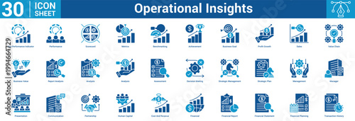 operational insights editable icon set containing strategy, management, presentation, communication,  and more.