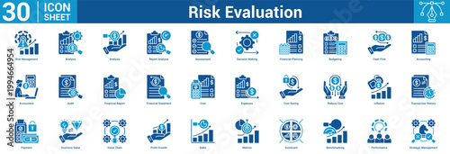 risk evaluation editable icon set containing budgeting, cashflow, accounting, audit, financial, cost, and more.