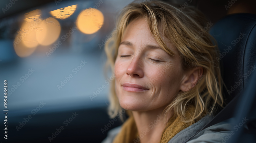 Obraz premium Middle-aged woman in a rainy parking lot sits in her car after a grief support meeting, dashboard lit softly, mascara faint on cheek, eyes closed, processing emotion, bereavement recovery solo, post