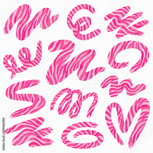 Pink zebra stripe alphabet elements with hand painted brush texture arranged as bold decorative letters and shapes on white for playful branding posters crafts stickers and graphic design projects