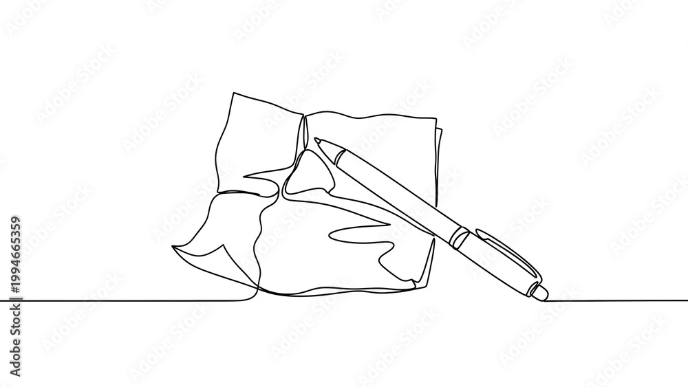 Obraz premium Minimalist Line Drawing of Crumpled Paper and Pen on Flat Surface