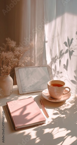 Soft light highlights a desk with tea, notepad, and flowers