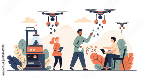 People working with flying drones technology.