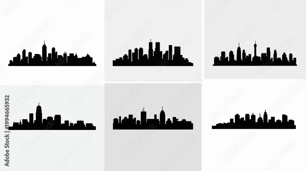 Fototapeta premium A grid displays six black silhouettes of city skylines against a light gray background showcasing urban architectural forms high quality professional detailed modern elegant stylish clean