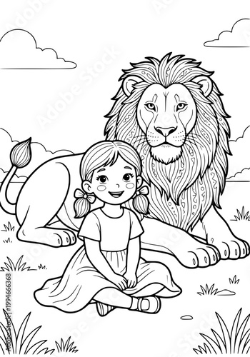 Girl and tame lion coloring page