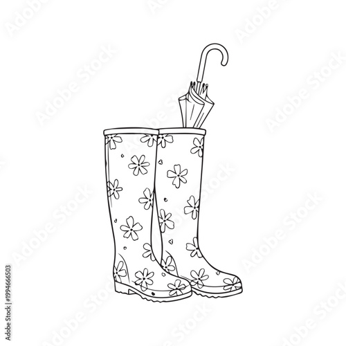 Hand drawn outline sketch of floral rain boots with a closed umbrella inside black and white illustration
