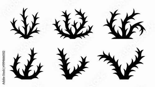 A collection of six black silhouettes depicting stylized coral or seaweed formations arranged in a grid pattern high quality professional detailed modern elegant stylish clean crisp