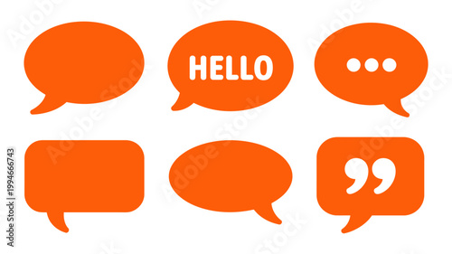 A collection of vibrant orange speech bubbles and text boxes are displayed featuring greetings and punctuation marks in a minimalist style high quality professional detailed modern