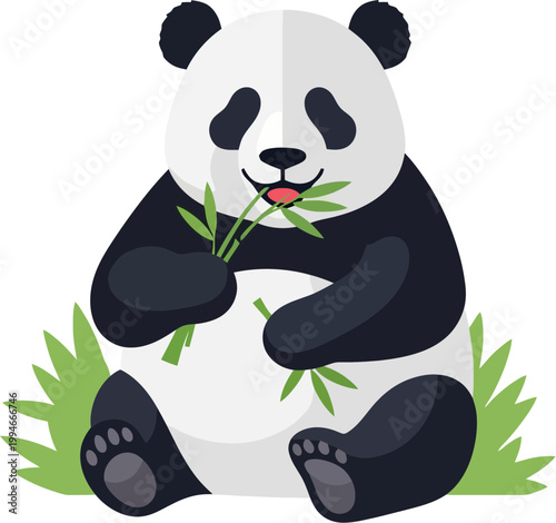 Cute cartoon panda eating bamboo shoots.