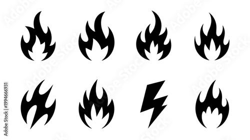 A collection of eight black silhouettes depicting various flame shapes alongside a single lightning bolt icon high quality professional detailed modern elegant stylish clean crisp vibrant