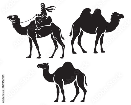 Camel silhouette vector set, desert caravan with rider and dromedary icons