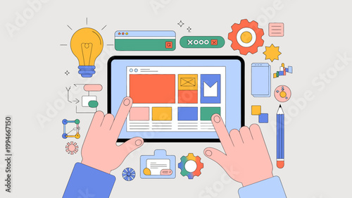 A digital tablet displays a webpage layout with various design elements and icons being interacted with by a pointing hand high quality professional detailed modern elegant