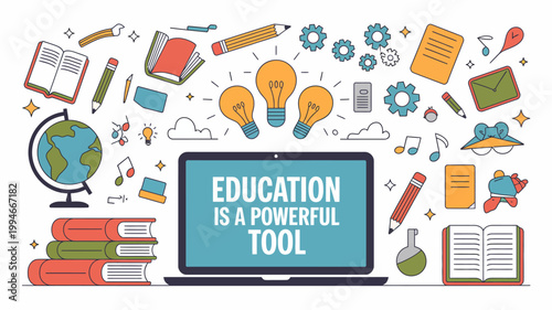 A colorful illustration depicts educational elements like books lightbulbs a laptop displaying education is a powerful tool and global icons high quality professional detailed modern elegant