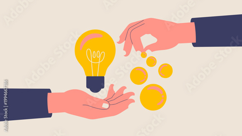 Quadro em tela An illustration depicts hands exchanging coins with a glowing lightbulb hovering