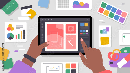 A person interacts with a digital design interface on a tablet surrounded by colorful graphic elements and tools high quality professional detailed modern elegant stylish clean
