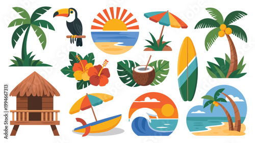 A vibrant collection of tropical elements including a toucan palm trees beach items and a sunset creating a summery scene high quality professional detailed modern elegant