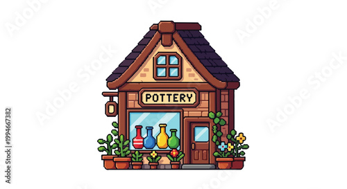 A charming pixel art pottery shop featuring colorful vases in the window, lush potted plants, and a rustic wooden facade on a white background.