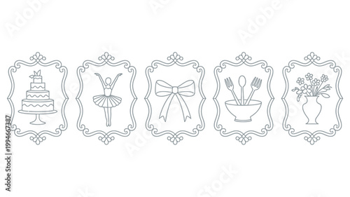 A collection of five ornate frames each containing a simple line drawing cake ballerina bow cutlery and flowers high quality professional detailed modern elegant stylish clean