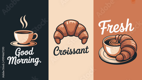 Obraz na plátně A triptych displays a steaming coffee cup a golden croissant and a swirl of cinn